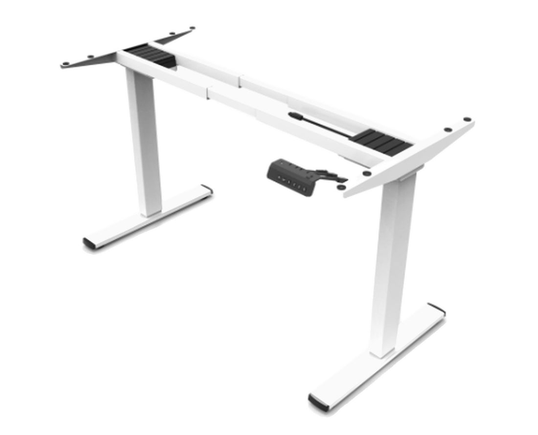 DM22F-04D white dual motor electric desk frame, angled view