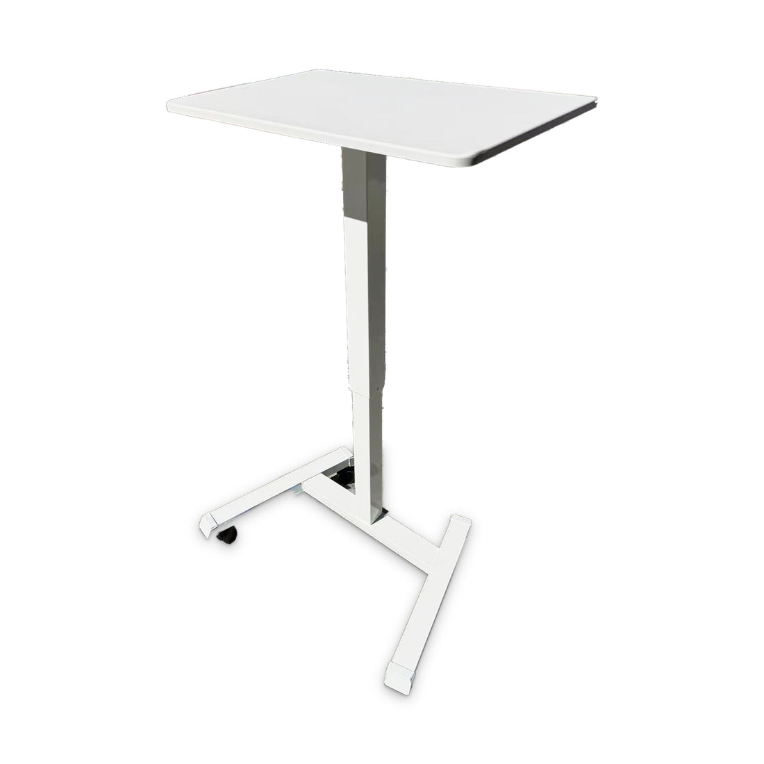 MWS03 pneumatic mobile sit-stand desk in white, angled view