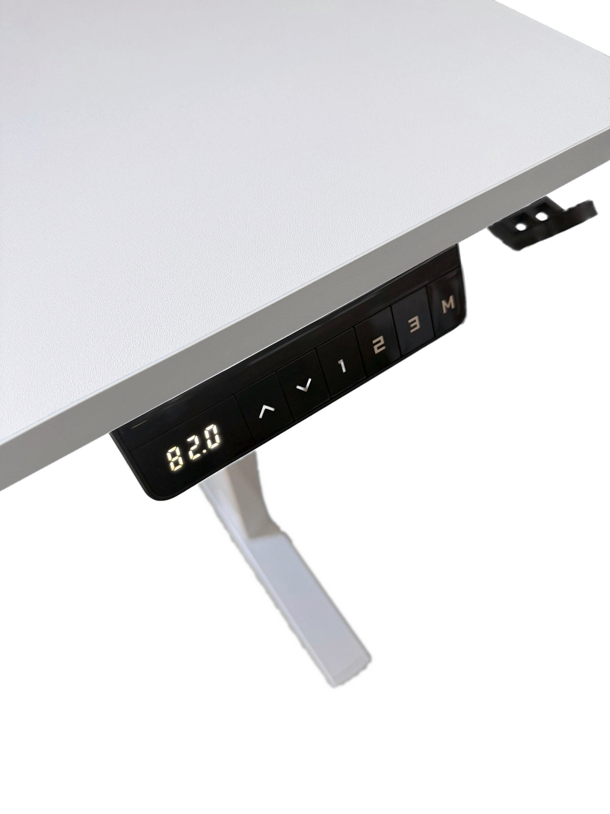 DM22F-04D standing desk hand controller showing 82.0 cm, mounted under a white desktop